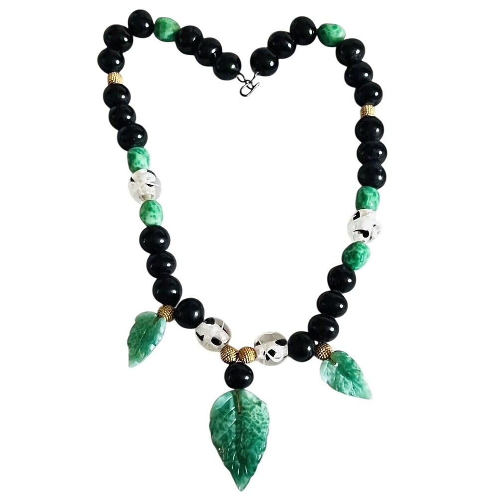 Vtg Necklace Art Deco Green Leaf black Glass Collar Beaded rare Sterling choker‎